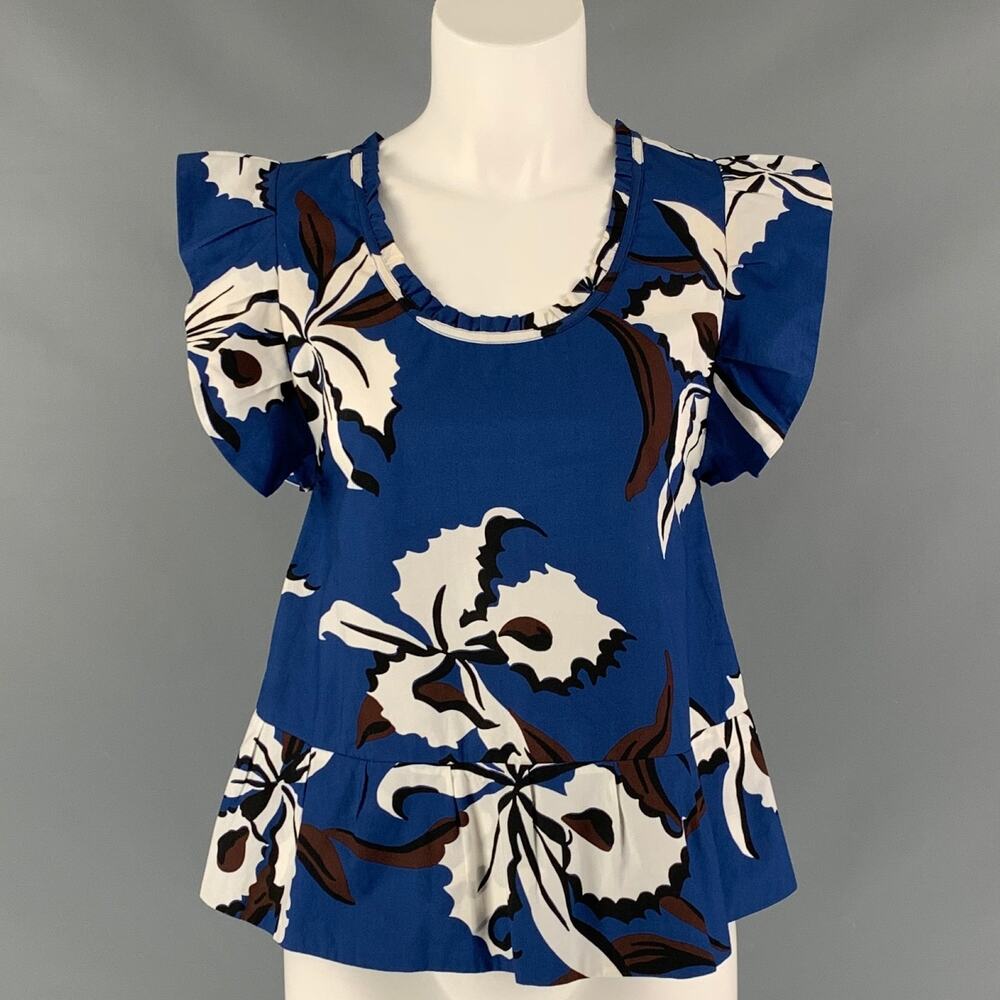 MARNI Size 0 Blue & White Cotton Floral Sleeveless Blouse